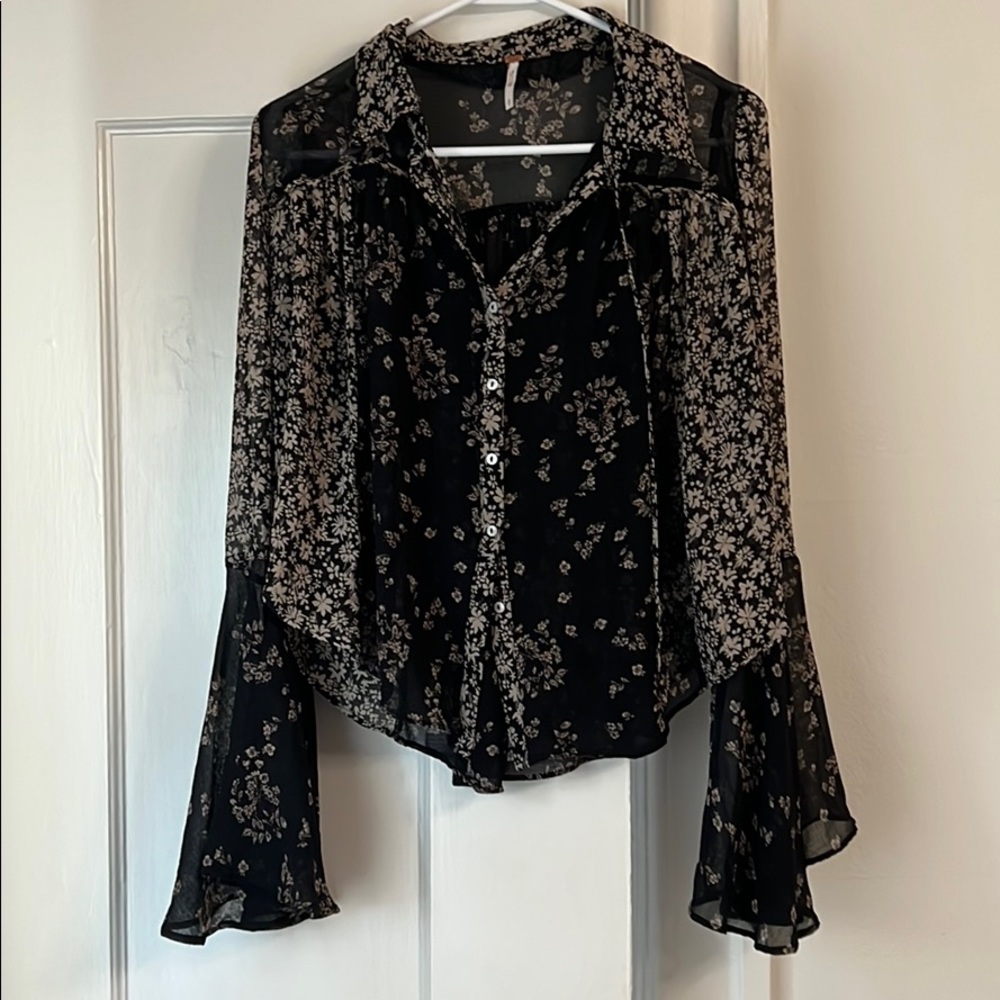 Free people black floral sheer blouse (s)